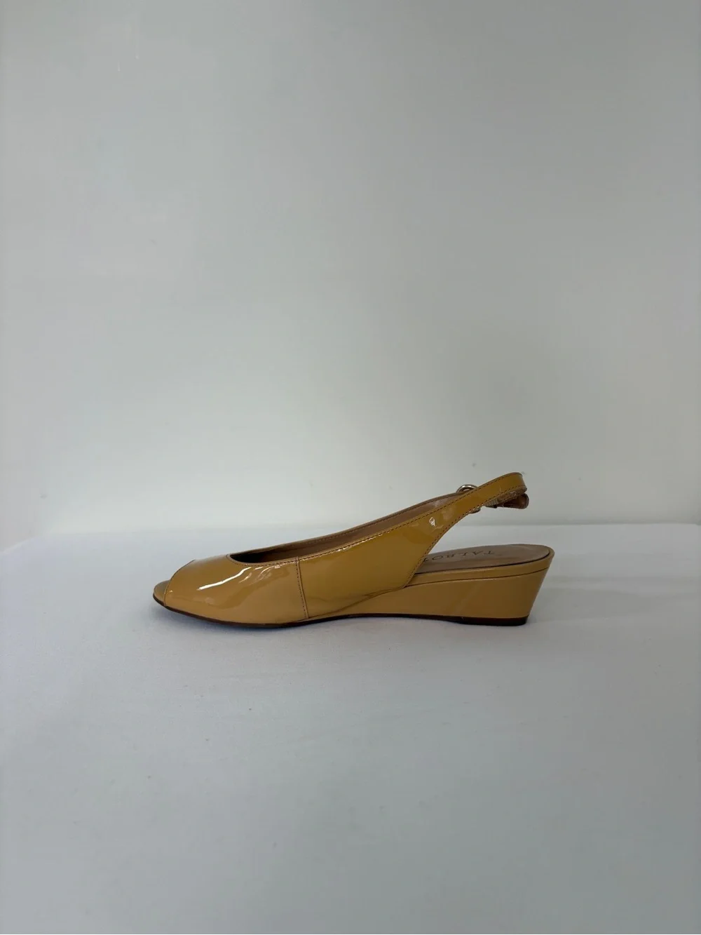 Talbots Mustard Yellow Patent Peep-Toe Slingback Wedge Leather